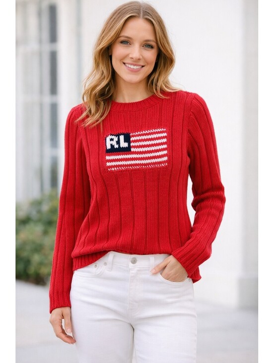 Ralph Lauren Sweaters - Ralph Lauren Polo Jeans Company Sweater Woman's Med Red RL Flag Chunky Knit Y2K